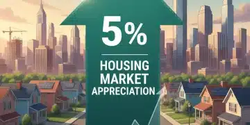 Infographic showing 5% housing market appreciation with suburban homes and city skyline.