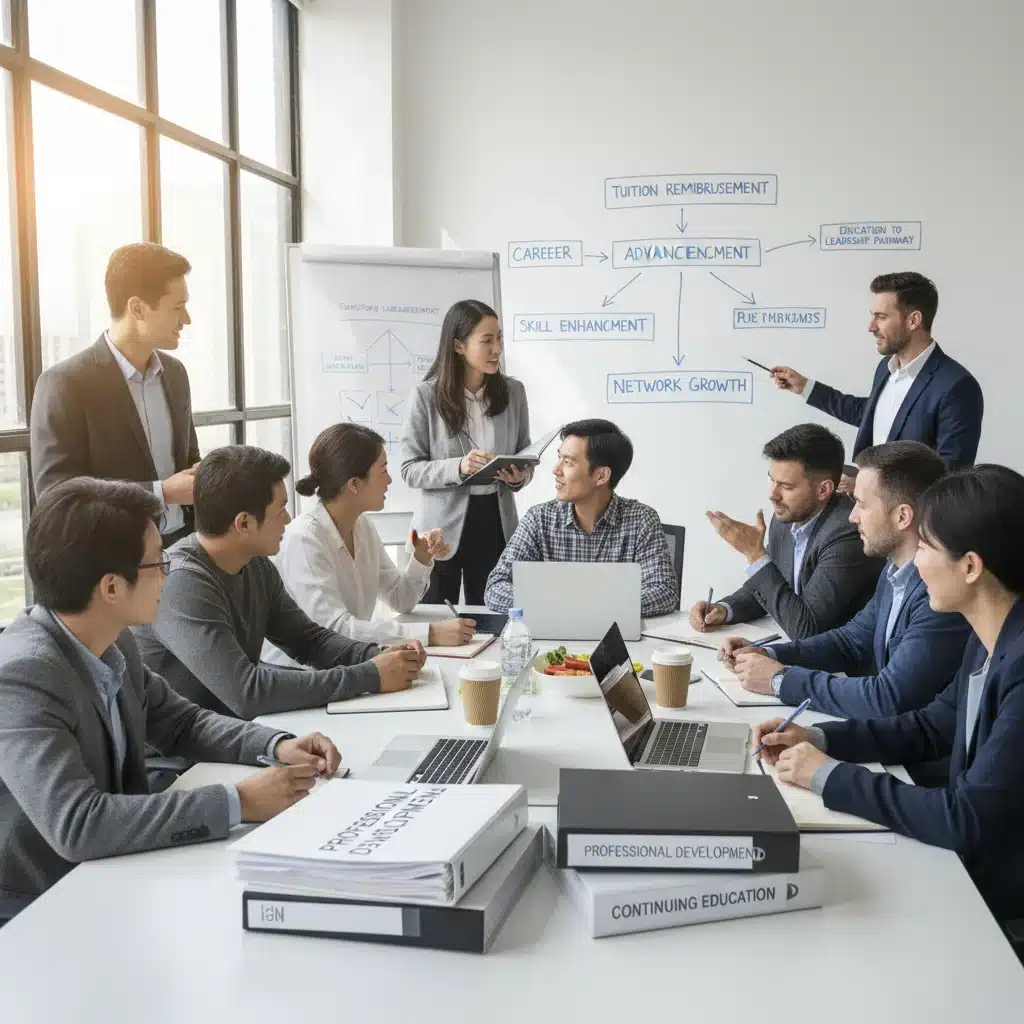 Professionals collaborating, career growth, education benefits
