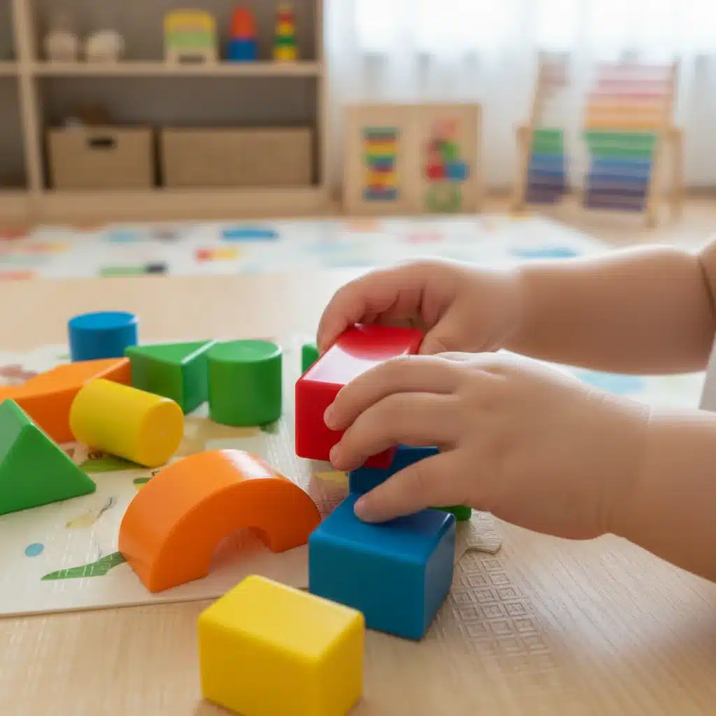 Child's hands manipulating colorful educational blocks for fine motor skill development.