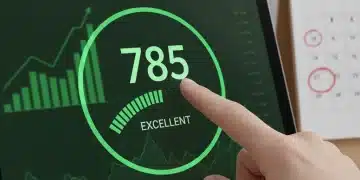 Credit score meter showing 750+ rating with a hand, financial chart, and 2026 calendar