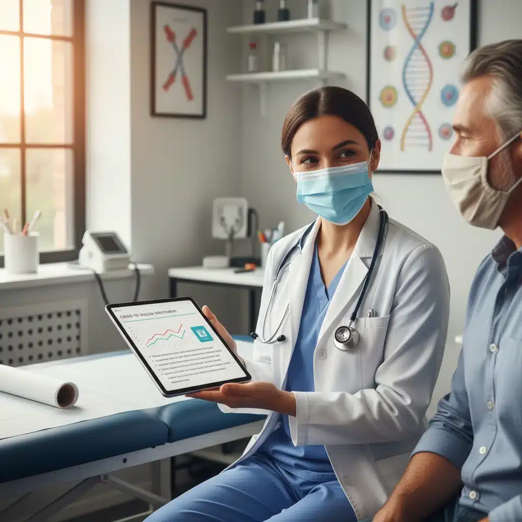Doctor discussing vaccination information with a patient on a tablet, emphasizing personalized health advice.