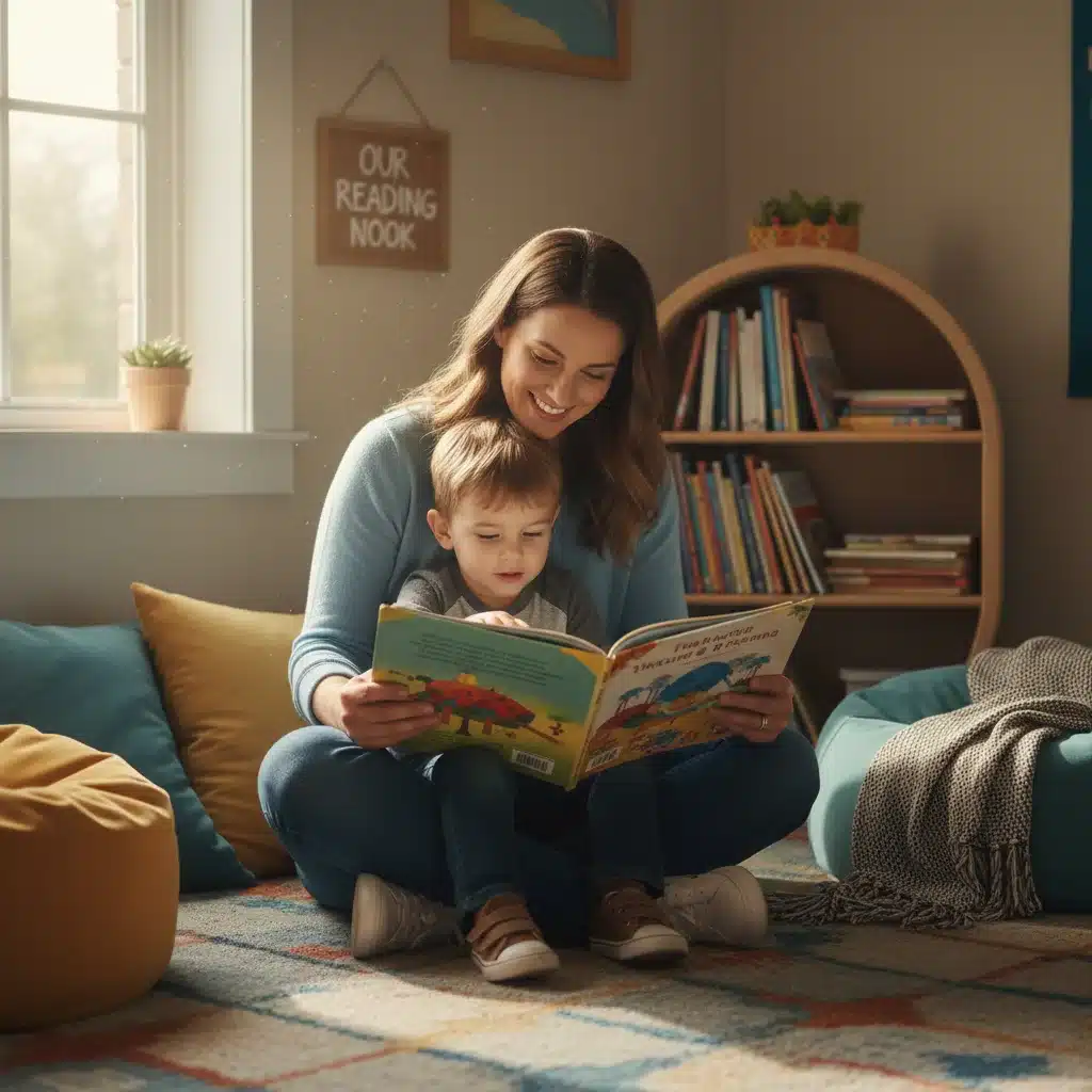 Educator reading storybook to child, fostering literacy in cozy classroom corner.