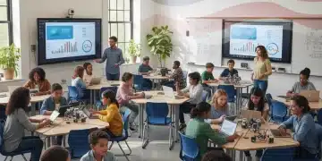 Students and teachers collaborating in a modern classroom, benefiting from federal education grants.