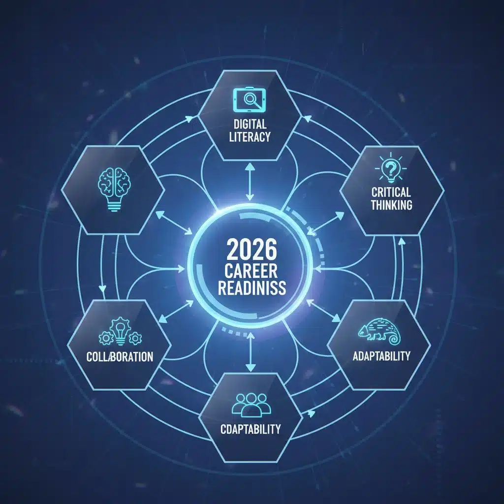 Infographic showing essential future skills for 2026 career readiness.