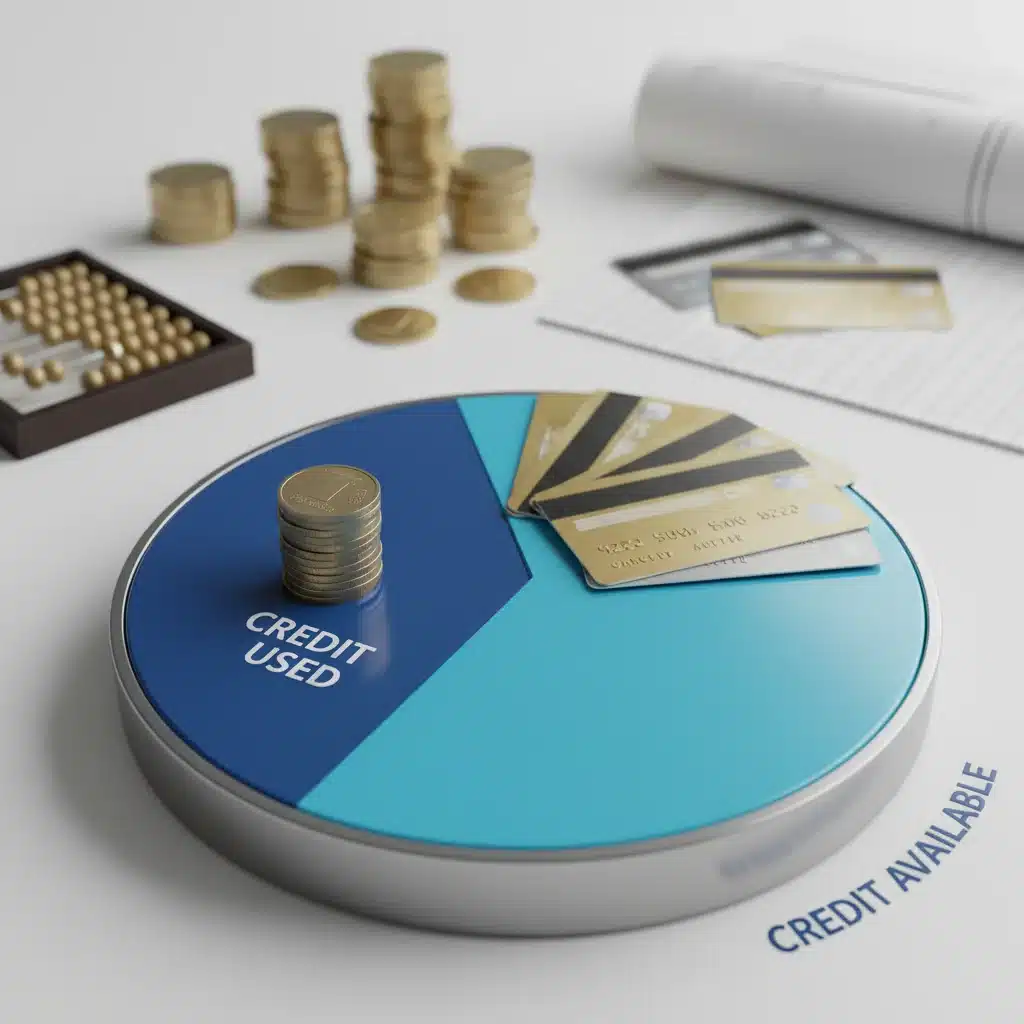 Credit utilization ratio pie chart showing low usage, with coins and credit cards