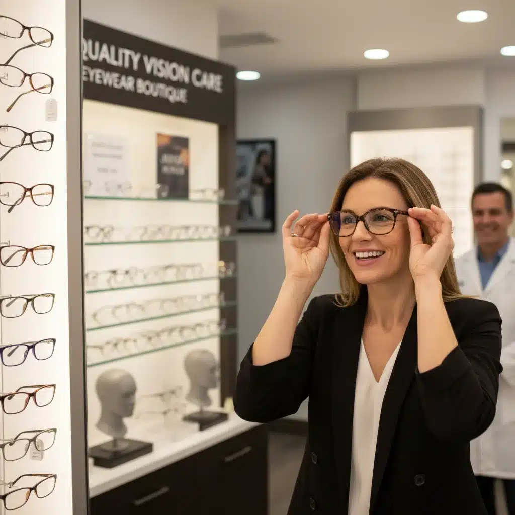 Person selecting new eyeglasses, demonstrating the coverage for vision correction under 2026 benefits.