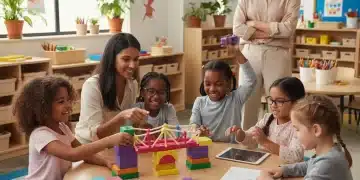 Diverse preschoolers engaging in collaborative learning, smiling in a bright classroom.