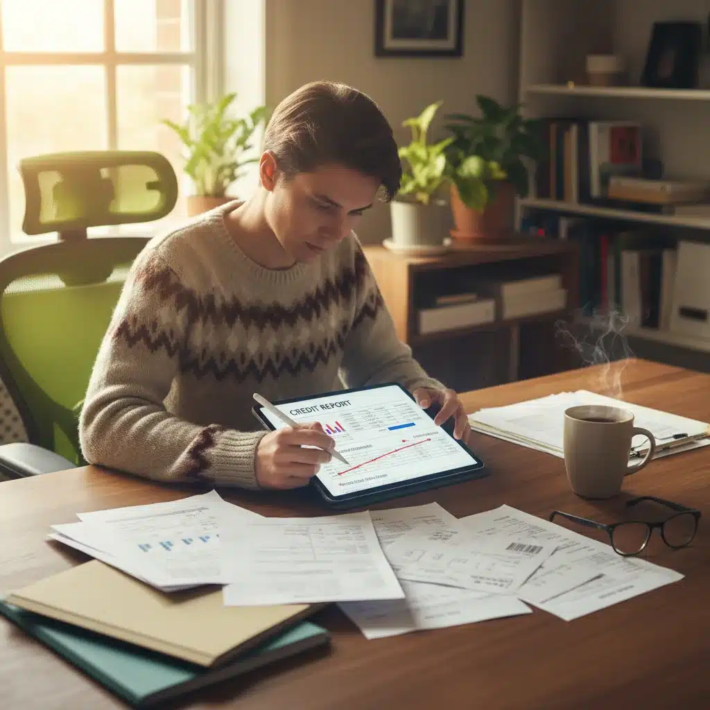 Person reviewing credit report on tablet in home office
