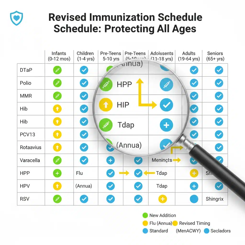 Infographic showing updated CDC vaccination schedule with age groups and new vaccine recommendations.