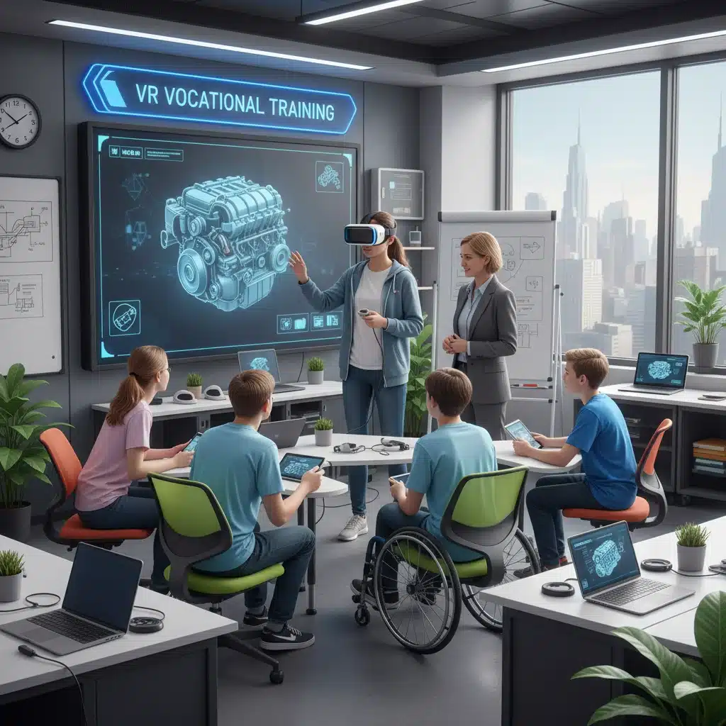 Student demonstrating a virtual reality project in a modern high school classroom setting.
