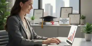 Woman smiling, laptop, graduation cap, tuition reimbursement success