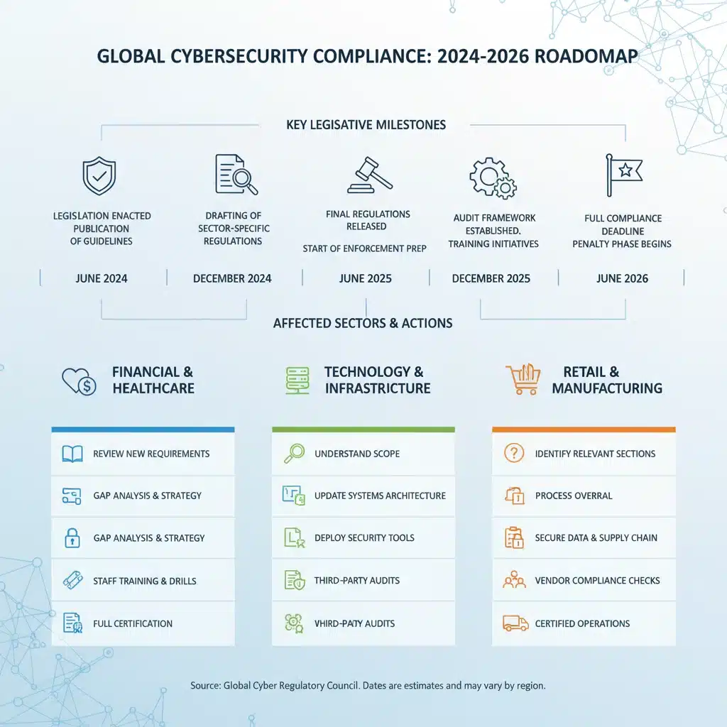 Infographic showing timeline and steps for cybersecurity legislation compliance by June 2026