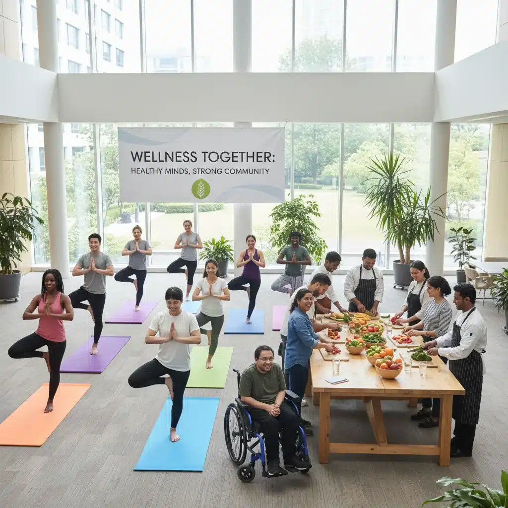 Employees enjoying an on-site wellness program together