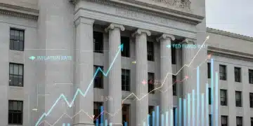 Federal Reserve building with overlay of inflation and interest rate charts