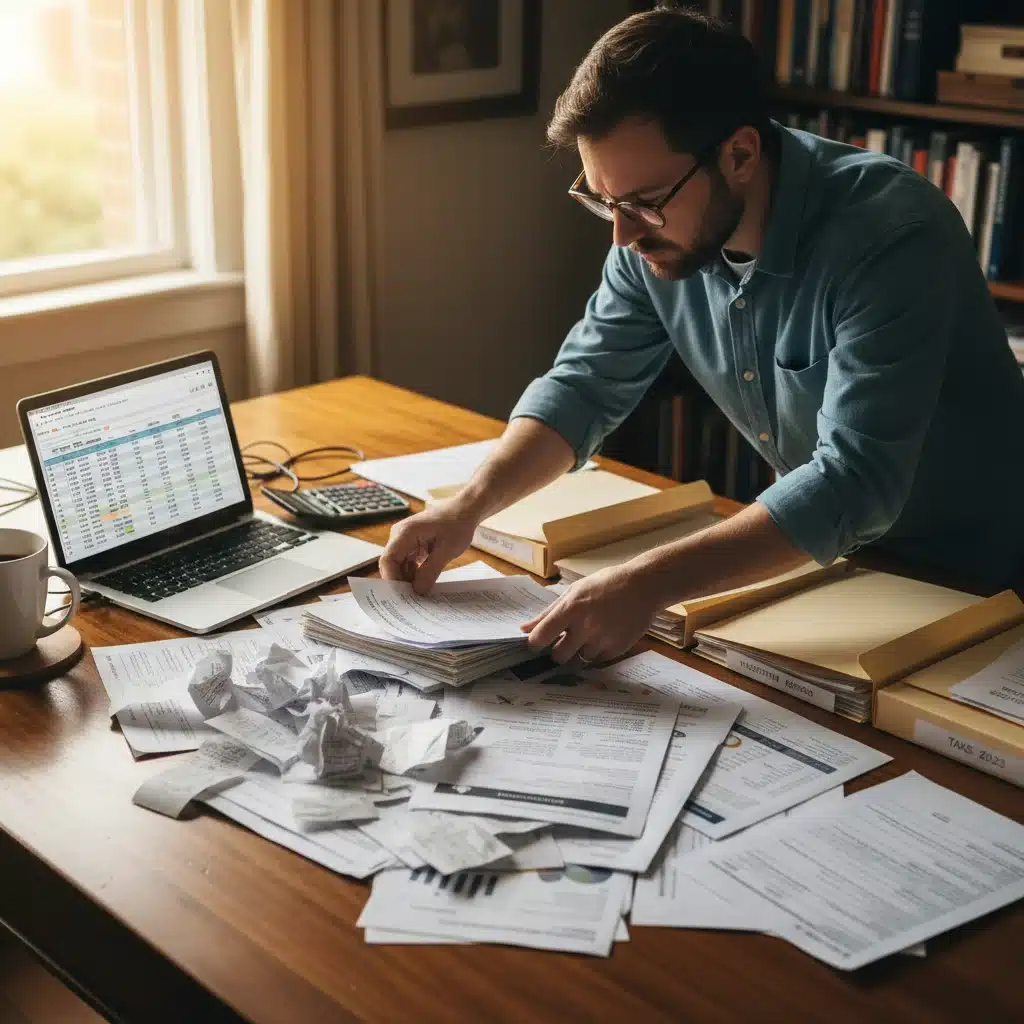 Person organizing financial documents for tax preparation