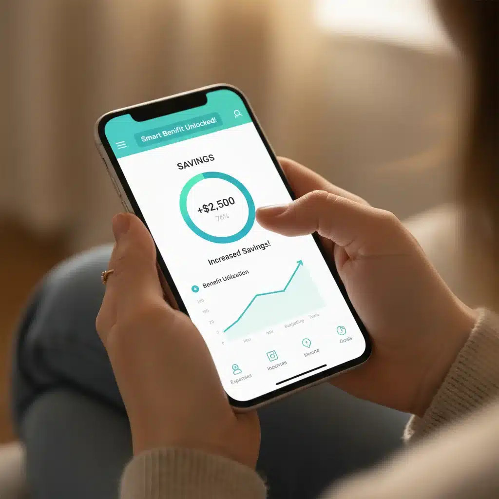 Hands using a financial wellness app to track savings from benefits