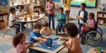 Diverse students with disabilities engaged in an inclusive classroom setting with a supportive teacher.