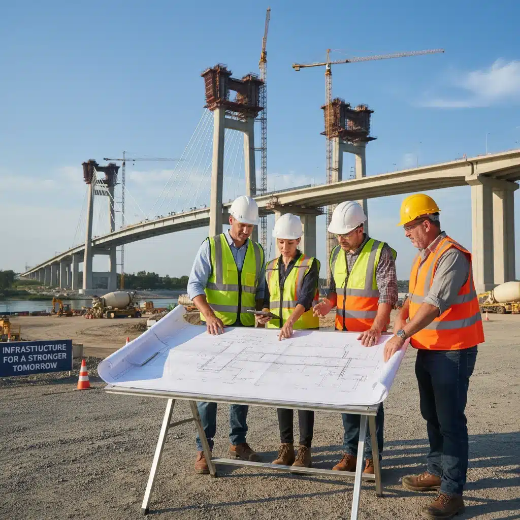 Construction workers on site reviewing plans, symbolizing job creation and progress