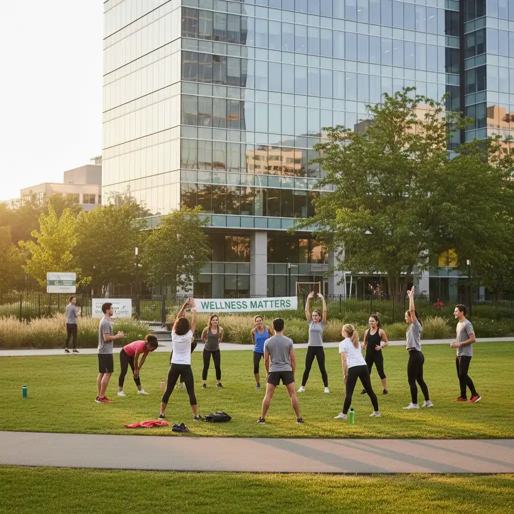 Team members engaging in a group wellness activity outdoors, fostering camaraderie and health.
