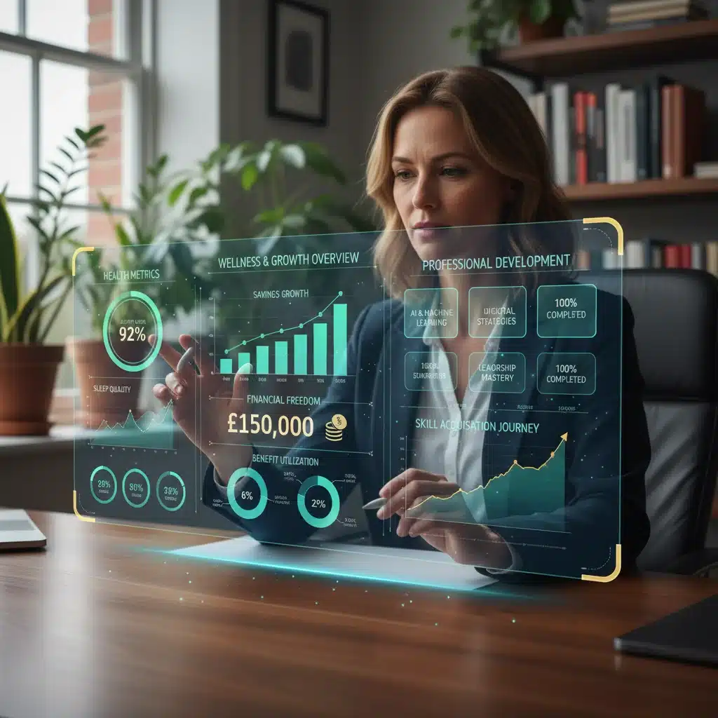 Employee tracking personal wellness benefits and progress on a digital dashboard.