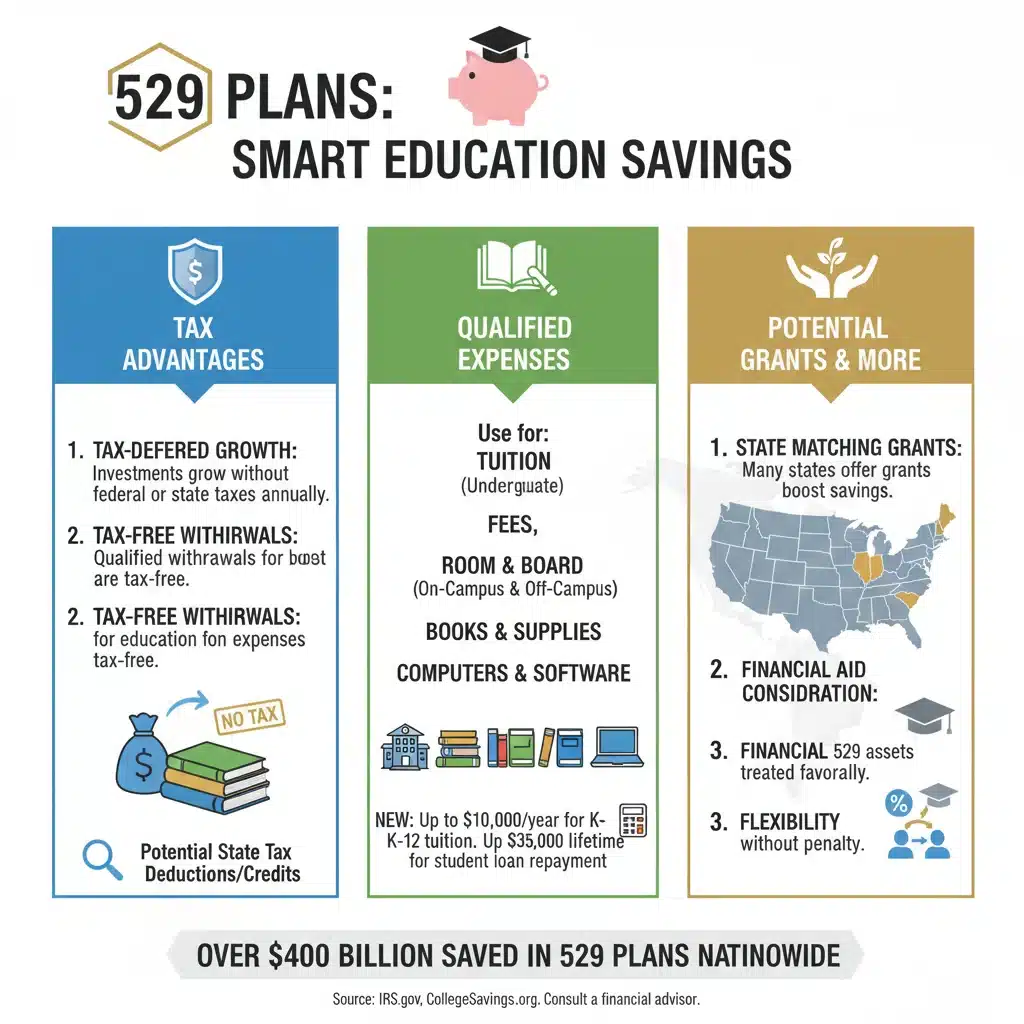 Infographic detailing 529 plan financial advantages and state benefits