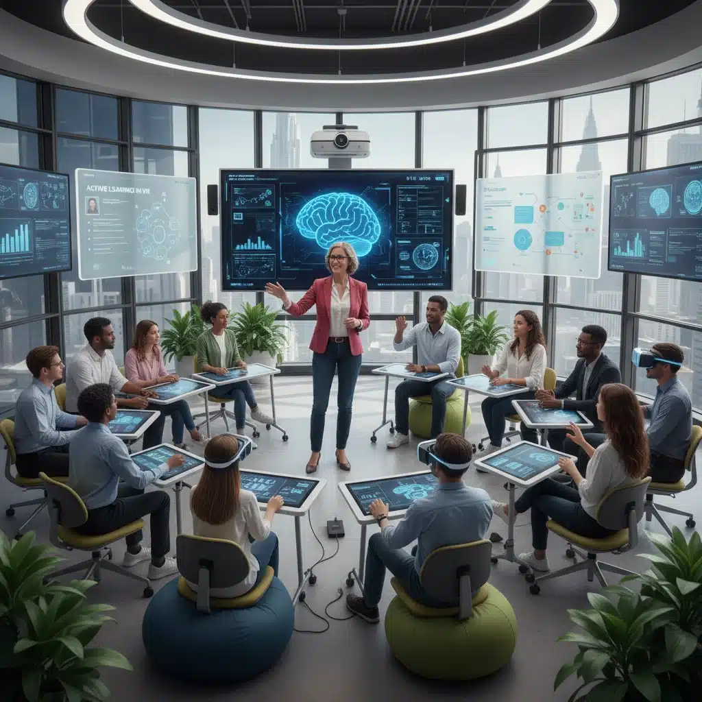 Professor leading active learning with VR and interactive tech.