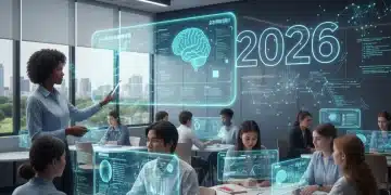 Students and teachers engaging with AI-powered educational tools in a modern U.S. classroom in 2026.