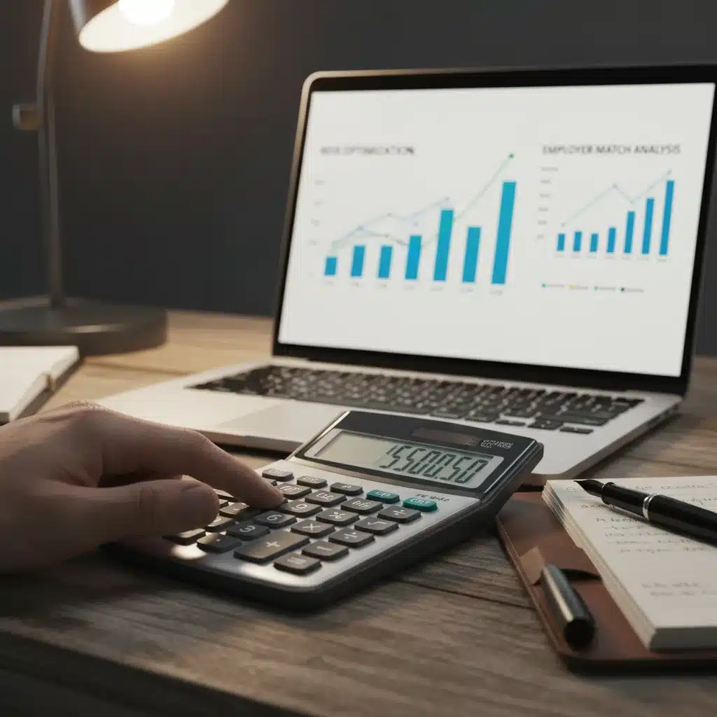 Hand calculating 401(k) contributions with financial charts on a laptop.