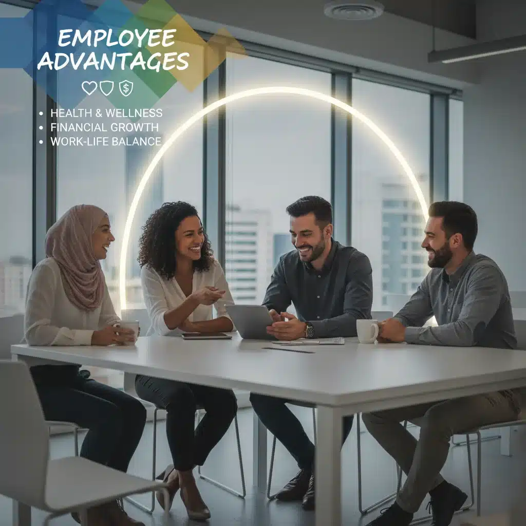 Diverse employees smiling in a modern office, representing the positive impact of comprehensive employee benefits.