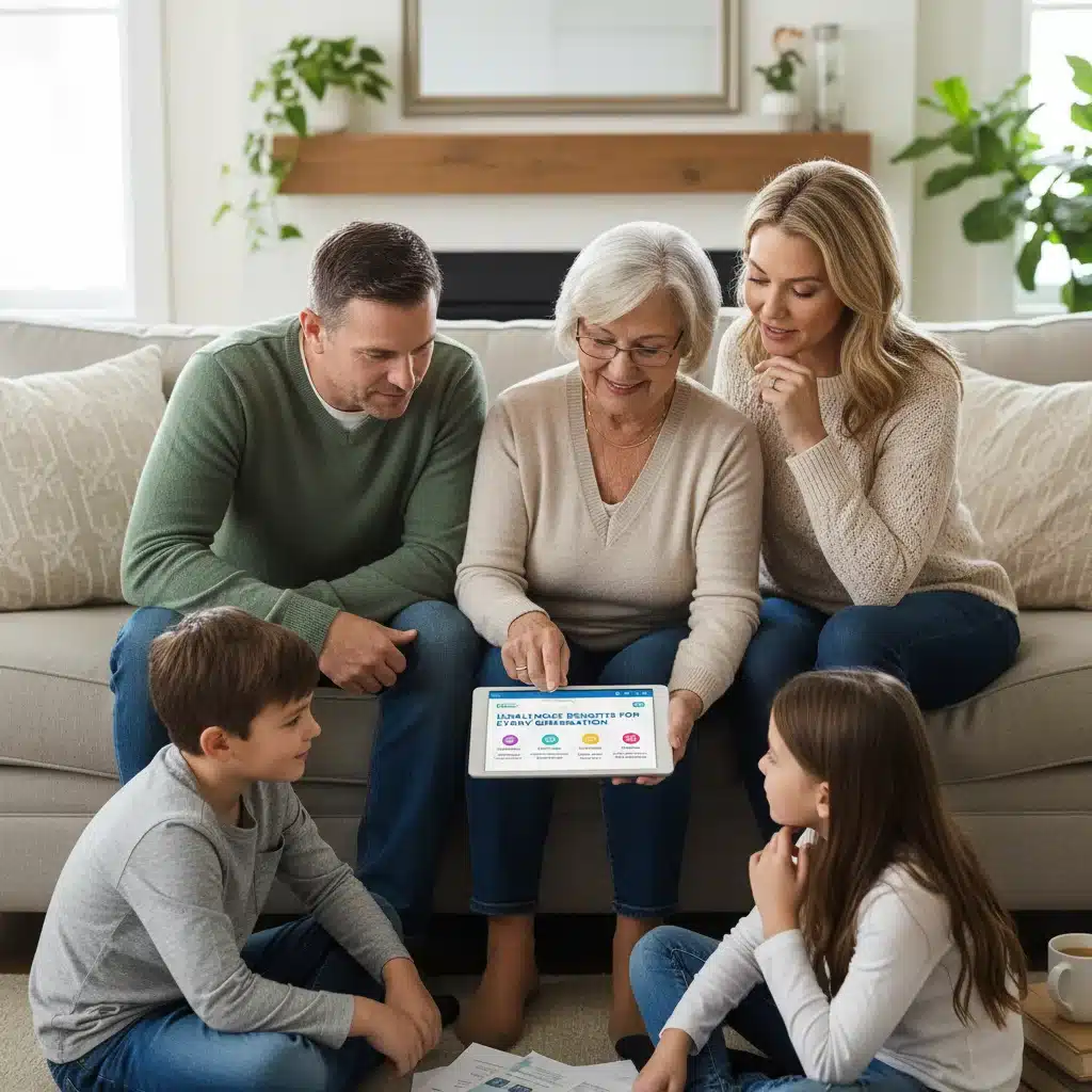 Multi-generational family discussing healthcare plans on a tablet