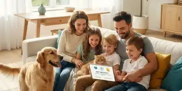 Family happily reviewing pet insurance options on a tablet with their dog and cat, representing financial security and peace of mind for pet owners.