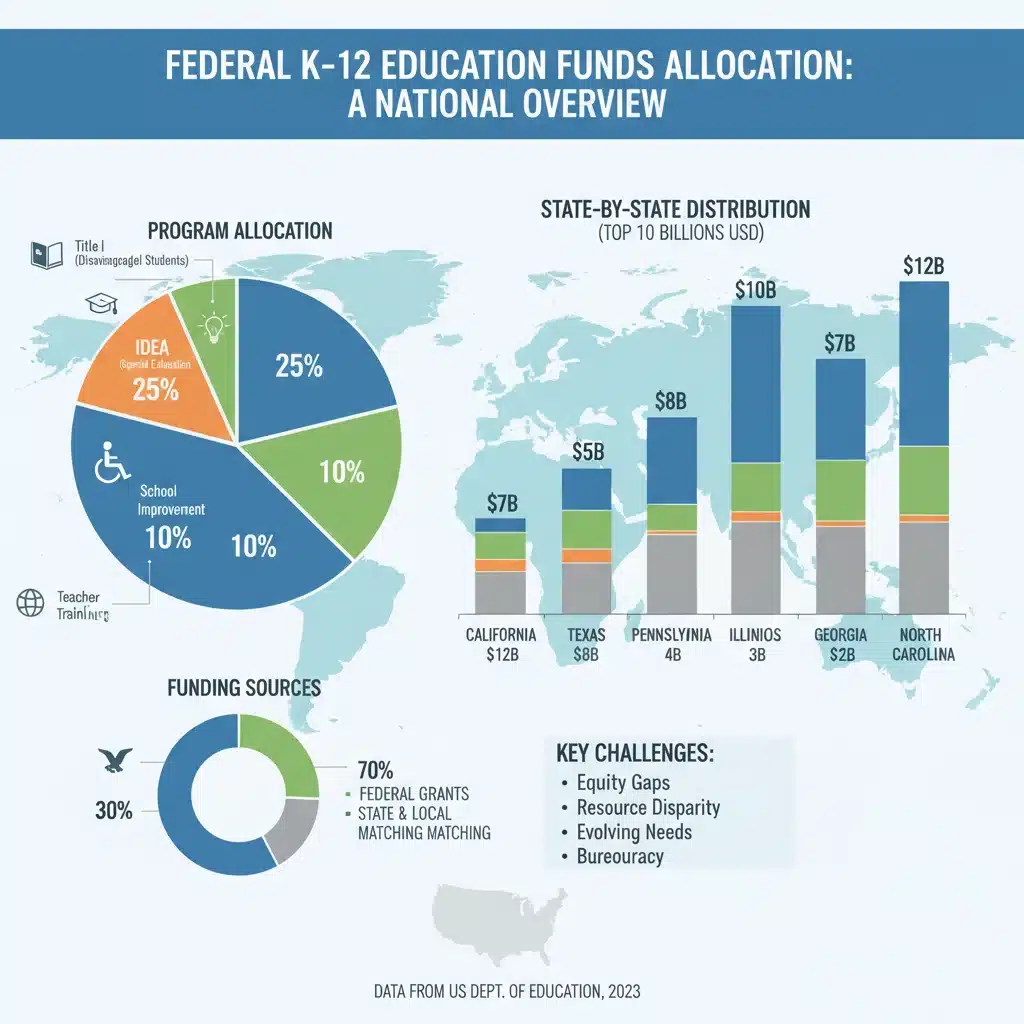 Infographic showing federal K-12 education funding distribution across programs and states.