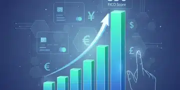 Graph showing FICO score increase with a hand pointing up, credit cards in background, representing credit score optimization in 2026.