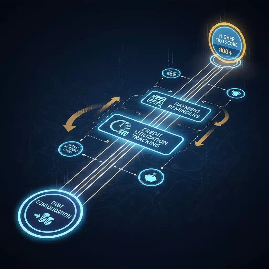 Financial roadmap with steps for debt consolidation, payment reminders, and credit utilization, leading to FICO score improvement.