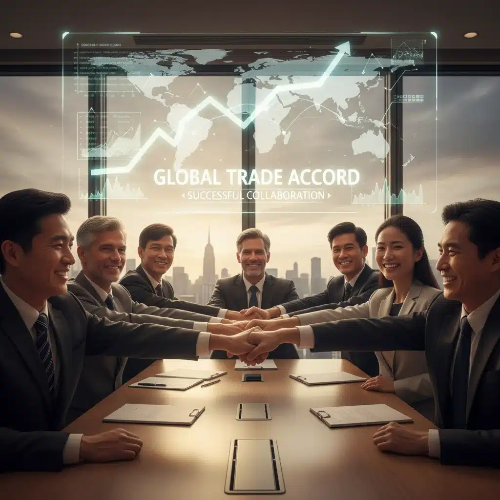 International business leaders shaking hands, representing successful multilateral trade agreement discussions.