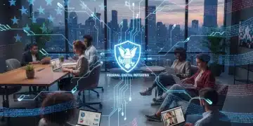 Professionals collaborating remotely with federal guidelines backdrop