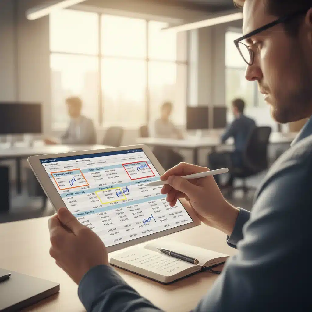 Person reviewing detailed credit report on tablet, highlighting sections for credit score improvement and data accuracy.