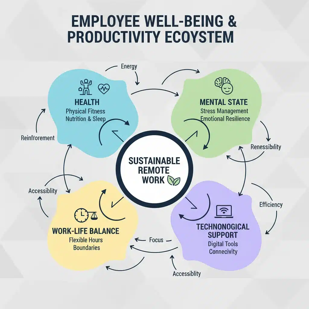 Infographic depicting elements of sustainable remote employee well-being