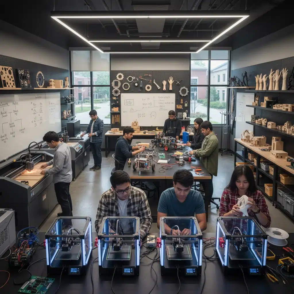 Students engaged in hands-on learning in a university makerspace.
