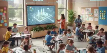 Students and teachers collaborating in a modern classroom, symbolizing US K-12 education and policy changes.