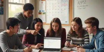 High school seniors planning their 2026 college application timeline with a calendar and laptop.