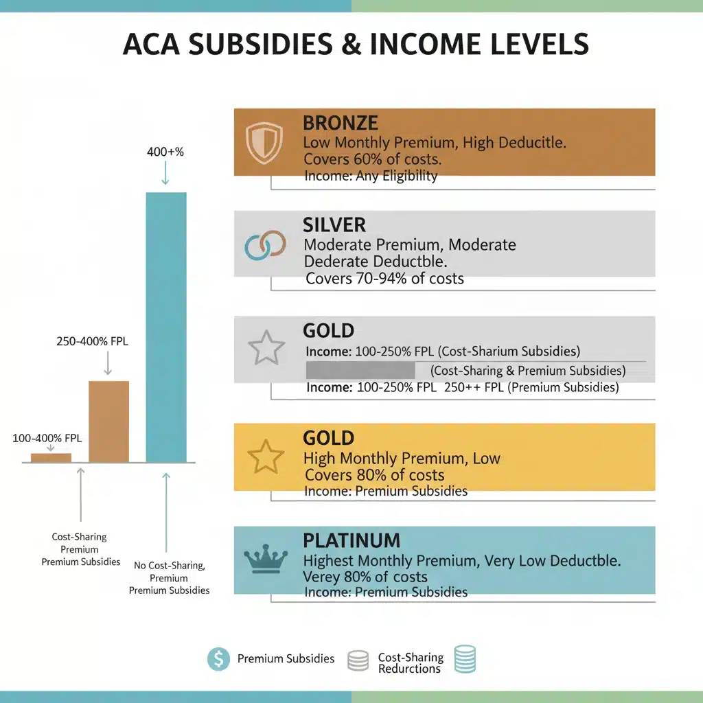 Infographic explaining ACA subsidy tiers and income eligibility
