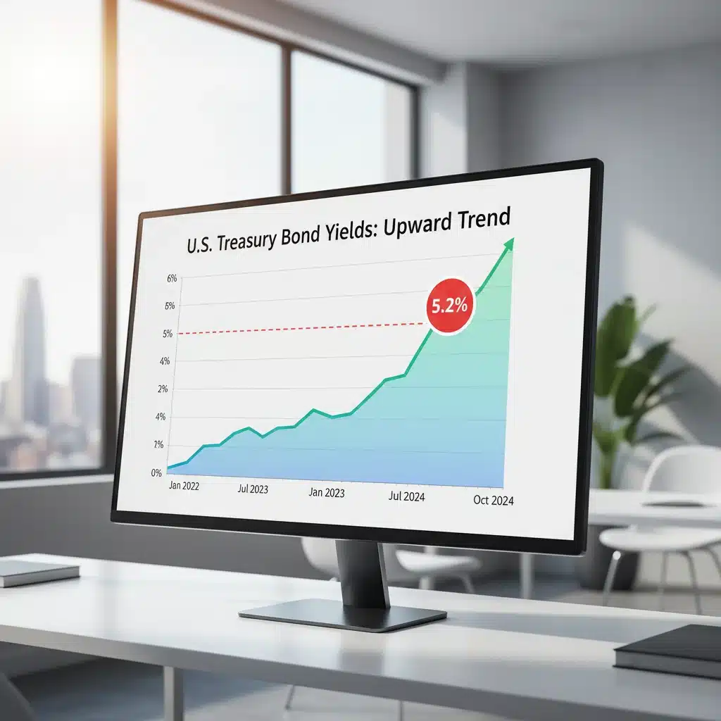 Digital graph illustrating rising US Treasury bond yields, emphasizing a 5.2% return.