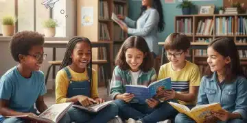 Children happily reading books, engaged in a classroom setting, symbolizing reading progress.