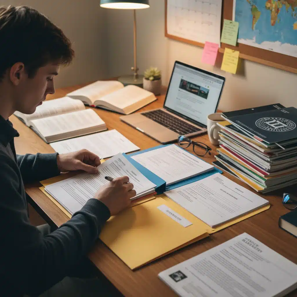 Student organizing college application documents and essays for 2026 admissions.