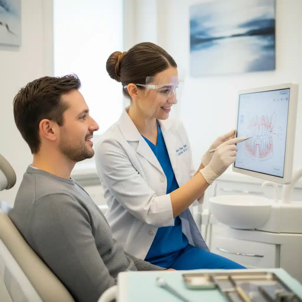 Dentist explaining dental treatment plan to patient in modern clinic.