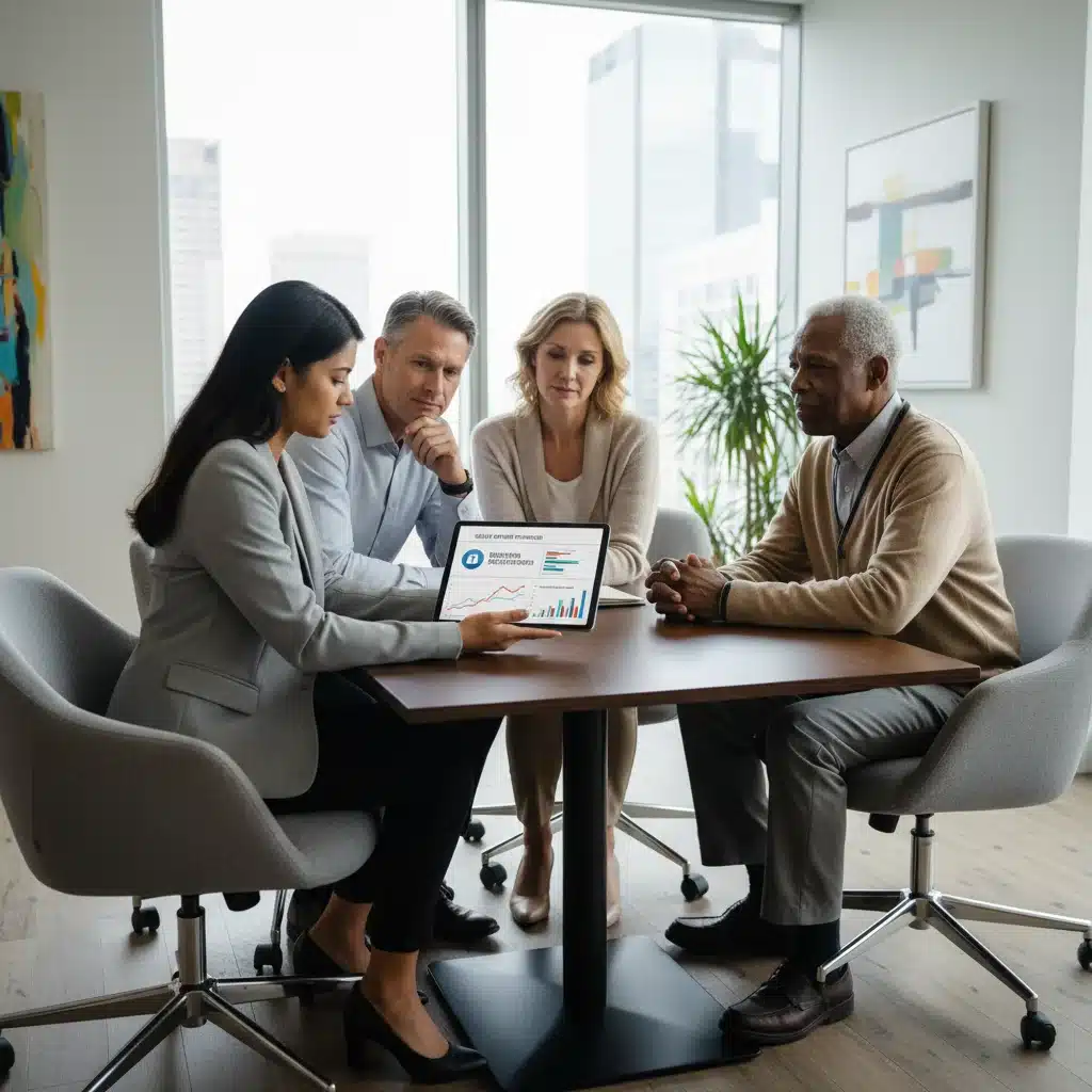 Diverse investors reviewing financial data on a tablet in an advisory office.