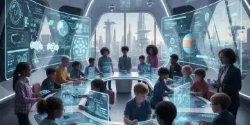 Students and teachers collaborating in a high-tech STEM classroom of the future.