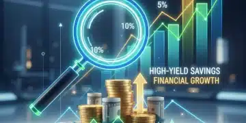 Magnifying glass over money, symbolizing high-yield savings growth