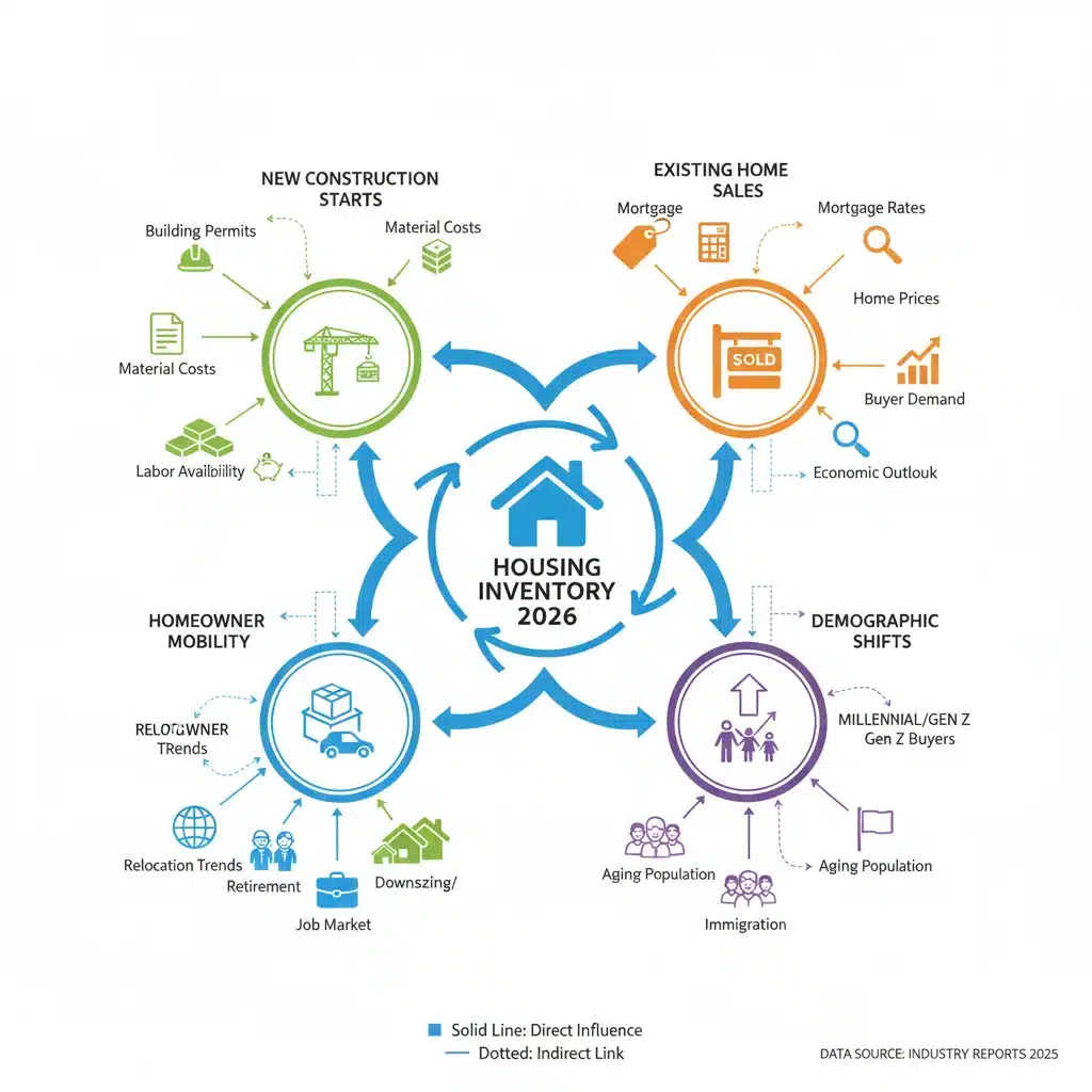 Infographic showing factors affecting housing inventory in 2026.
